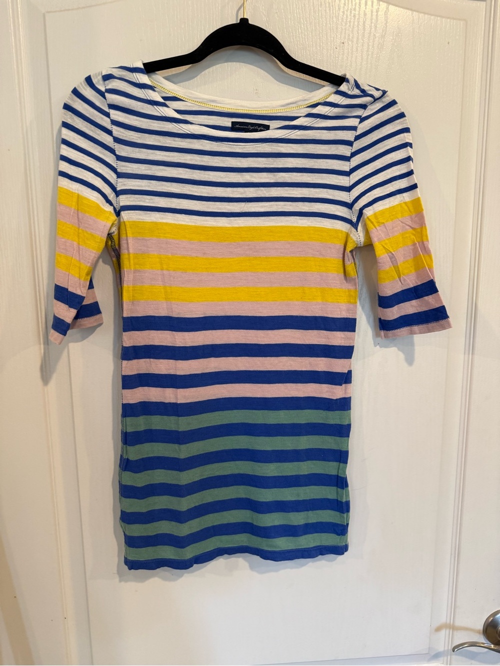 American Eagle Blue Yellow tan y2k 2000s 3/4 sleeve Striped Shirt sz small